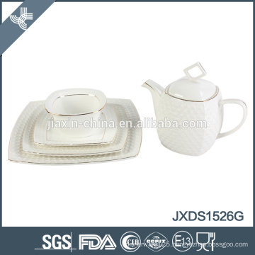 Porcelain square embossment design dinner set with gold rim for 2015 canton fair